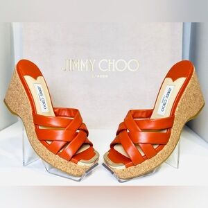 Jimmy Choo Maribou 110 Platform Wedge Slide Sandals Orange Napa Leather Size 38